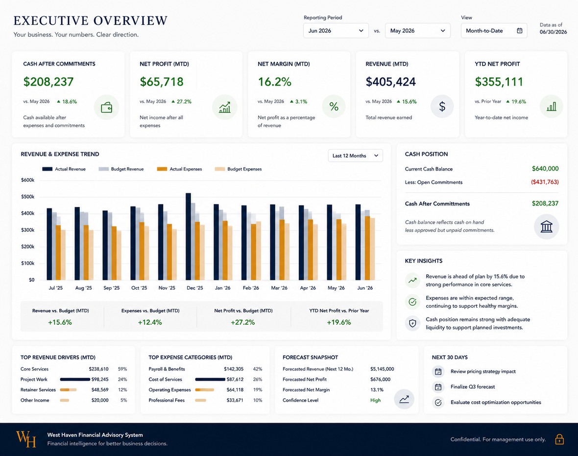Illustrative example of a West Haven executive financial view: cash position, financial performance, business trends, forecast, and executive insights